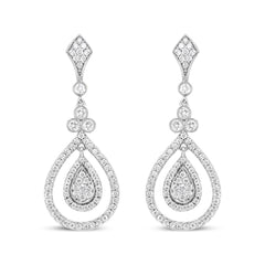 18K White Gold 1 1/4 Cttw Round Diamond Openwork Teardrop-Shaped Dangle Earrings (F-G Color, VS1-VS2 Clarity)