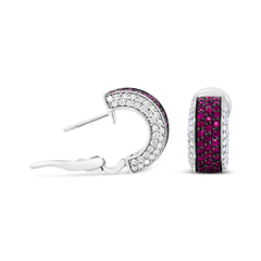 18K White Gold and Black Rhodium Plated 3/4 Cttw Round Diamonds and 1mm Round Red Ruby Huggie Hoop Earrings (F-G Color, VS1-VS2 Clarity)