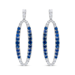 18K White Gold 1.11 Cttw Blue Round Diamond and Blue Sapphire Openwork Oval Shaped Dangle Earrings (F-G Color, VS1-VS2 Clarity)