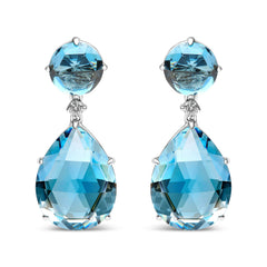 18K White Gold 1/5 Cttw Diamond with Round London Blue Topaz and 20 x 15mm Pear Cut Sky Blue Topaz Gemstone Dangle Earring (G-H Color, SI1-SI2 Clarity)