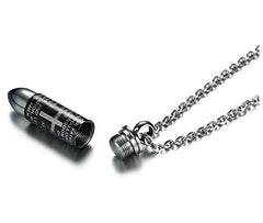 Black Bullet Cremation Urn Necklace Engraved With A Cross & The Lord's Prayer