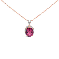 14K Rose Gold Vermeil Sterling Silver 1/5 Cttw Diamond Pink Quartz Oval Pendant Necklace