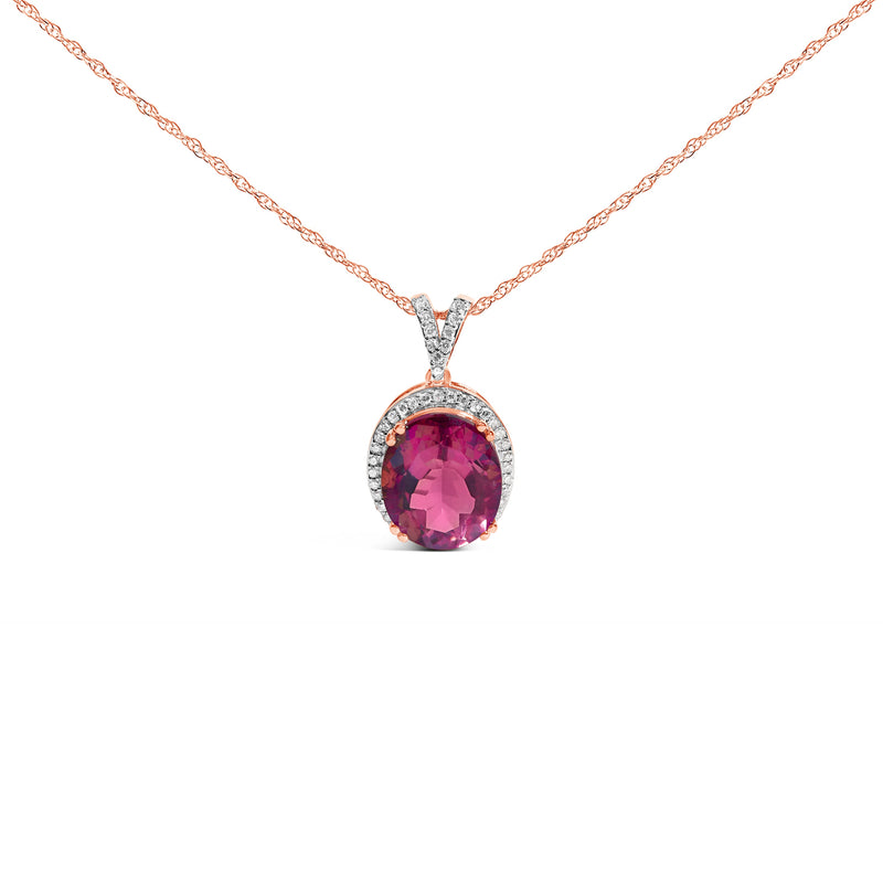 14K Rose Gold Vermeil Sterling Silver 1/5 Cttw Diamond Pink Quartz Oval Pendant Necklace