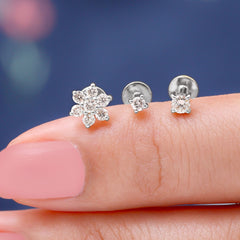 Moissanite Flower Triple Earrings Set for Cartilage Piercing
