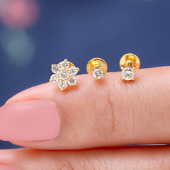 Moissanite Flower Triple Earrings Set for Cartilage Piercing