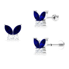 Marquise Blue Sapphire Butterfly Helix Earring with Moissanite