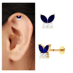Marquise Blue Sapphire Butterfly Helix Earring with Moissanite