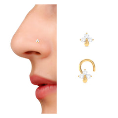 Natural Diamond 3 Stone Flower Nose Pin in Gold