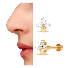 Natural Diamond 3 Stone Flower Nose Pin in Gold