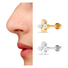 Natural Diamond 3 Stone Flower Nose Pin in Gold