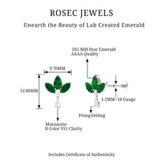 Created Emerald Flower Earring with Teardrop Moissanite