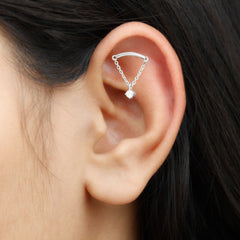 Curved Bar and Moissanite Chain Earring for Helix Piercing