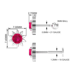 Red Ruby Flower Earring for Cartilage Piercing