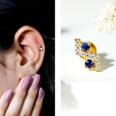 Blue Sapphire and Moissanite Zig Zag Helix Earring