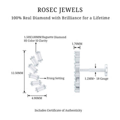Certified Natural Baguette Diamond Crawler Earring