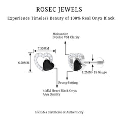 Black Onyx and Moissanite Heart Helix Earring in Gold