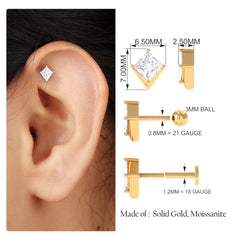 Princess Cut Moissanite Tragus Earring in Gold