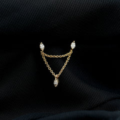 Marquise Diamond Double Piercing Earring with Dangling Chain