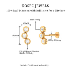Three Diamond Curved Helix Earring in Bezel Setting