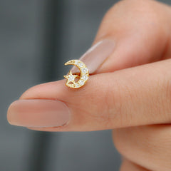 Certified Diamond Crescent Moon Helix Earring with Star
