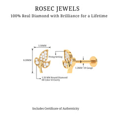 Diamond Leaf Flat Back Cartilage Stud Earring (18G) – Nature Inspired Helix & Tragus Jewelry in Gold