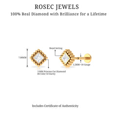 Princess Cut Diamond Solitaire Earring in Beaded Bezel Setting