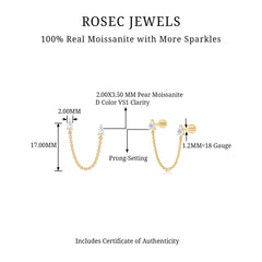 Pear Moissanite Double Piercing Earring with Dangling Chain