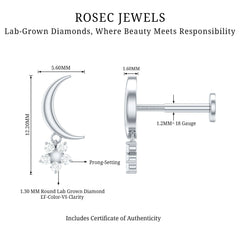 Diamond Crescent Moon and Star Earring for Helix Piercing
