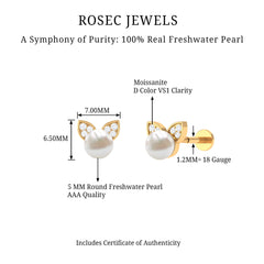 Cute Freshwater Pearl and Moissanite Cat Cartilage Earring