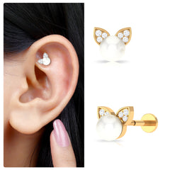 Cute Freshwater Pearl and Moissanite Cat Cartilage Earring