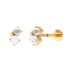 Tiny Freshwater Pearl and Moissanite Two Stone Tragus Earring