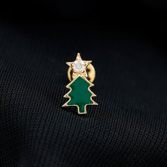 Real Diamond Green Enamel Christmas Tree Cartilage Earring