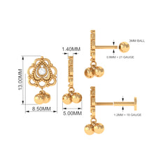 Antique Moissanite and Gold Drop Earring for Cartilage Piercing