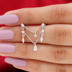 Pear Moissanite Double Chain Earring for Cartilage Piercing