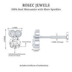 Round Cut Moissanite Owl Earring for Cartilage Piercing
