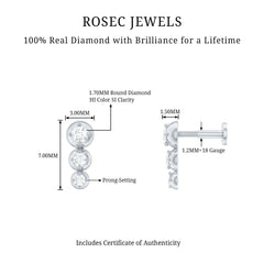 Natural Round Diamond Three Stone Tragus Earring