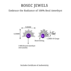 Bezel Set Round Amethyst Sunburst Helix Earring