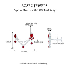 Natural Ruby Double Piercing Earring with Dangling Chain