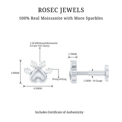 Round Moissanite Gold Heart Paw Earring for Helix Piercing