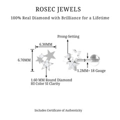 Round Cut Natural Diamond Gold Star Cartilage Earring