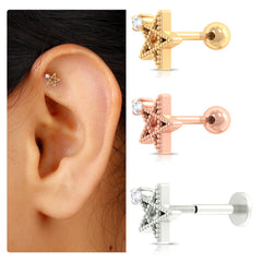 Natural Diamond Star Cartilage Earring with Beaded Gold
