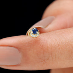 Dainty Blue Sapphire and Diamond Moon Helix Earring