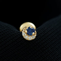 Dainty Blue Sapphire and Diamond Moon Helix Earring