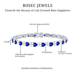 Heart Shape Lab Grown Blue Sapphire and Diamond Tennis Bracelet