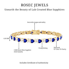 Heart Shape Lab Grown Blue Sapphire and Diamond Tennis Bracelet