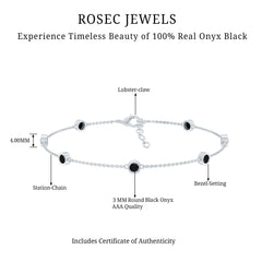 Bezel Set Black Onyx Seven Stone Station Chain Bracelet
