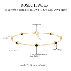 Bezel Set Black Onyx Seven Stone Station Chain Bracelet