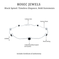 Natural Black Spinel 7 Stone Station Chain Bracelet