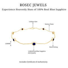 Natural Blue Sapphire 7 Stone Station Chain Bracelet