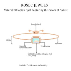 2 Carat Emerald Cut Ethiopian Opal and Diamond Bolo Chain Bracelet
